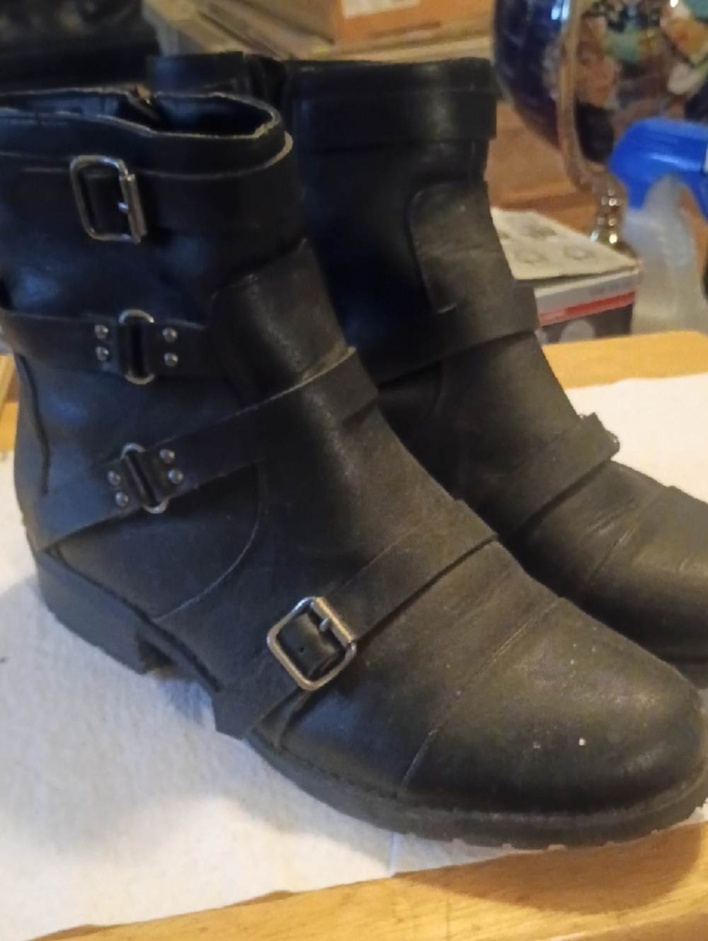 G by Guess Black Buckle-Strap Combat Ankle Boots